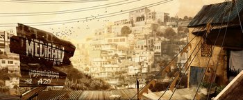 Movie still from “A Very Harold & Kumar Christmas” (2011), directed by Todd Strauss-Schulson – An artistic painting of a city with many buildings; Extreme Wide shot, Overhead angle