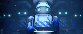 Movie still from “A Very Harold & Kumar Christmas” (2011), directed by Todd Strauss-Schulson – An animated robot is cooking in the dark; Medium shot, Low angle