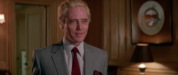 Movie still from “A View to a Kill” (1985), directed by John Glen – A person wearing a suit and tie; Close Up shot, Low angle