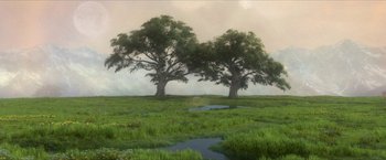 Movie still from “A Walk in the Woods” (2015), directed by Ken Kwapis – A painting of two trees in the middle of a grassy field; Extreme Wide shot, High angle