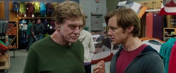 Movie still from “A Walk in the Woods” (2015), directed by Ken Kwapis – Two men talking to each other in front of a tent; Close Up shot, Over the shoulder angle