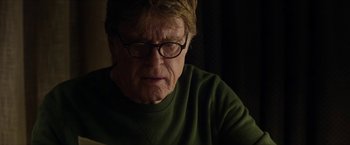 Movie still from “A Walk in the Woods” (2015), directed by Ken Kwapis – An older man wearing glasses and a green shirt; Close Up shot, Over the shoulder angle