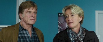 Movie still from “A Walk in the Woods” (2015), directed by Ken Kwapis – A man and a woman standing next to each other; Close Up shot, Over the shoulder angle