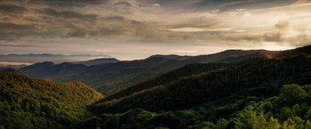 Movie still from “A Walk in the Woods” (2015), directed by Ken Kwapis – A view of a mountain range from a distance; Extreme Wide shot, High angle