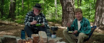 Movie still from “A Walk in the Woods” (2015), directed by Ken Kwapis – Two men sitting on the ground near a tree; Medium shot, Over the shoulder angle