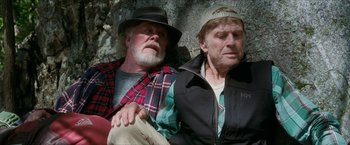 Movie still from “A Walk in the Woods” (2015), directed by Ken Kwapis – Two older men sitting next to each other on the ground; Medium shot, Low angle