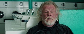 Movie still from “A Walk in the Woods” (2015), directed by Ken Kwapis – An older man with white hair and a long white beard; Close Up shot, Low angle