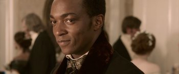 Movie still from “Abraham Lincoln: Vampire Hunter” (2012), directed by Timur Bekmambetov – A person wearing a suit and tie; Close Up shot, Over the shoulder angle