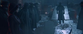 Movie still from “Abraham Lincoln: Vampire Hunter” (2012), directed by Timur Bekmambetov – A group of men standing next to each other in the dark; Wide shot, Low angle