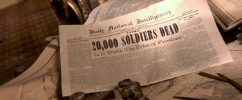 Movie still from “Abraham Lincoln: Vampire Hunter” (2012), directed by Timur Bekmambetov – An old newspaper is laying on a table; Extreme Close Up shot, High angle