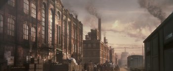 Movie still from “Abraham Lincoln: Vampire Hunter” (2012), directed by Timur Bekmambetov – A group of people walking down a street near a factory; Extreme Wide shot, High angle
