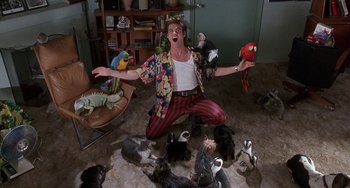 Movie still from “Ace Ventura: Pet Detective” (1994), directed by Tom Shadyac – A man is surrounded by a bunch of cats and parrots; Wide shot, High angle