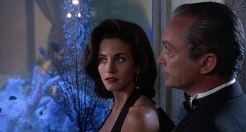 Movie still from “Ace Ventura: Pet Detective” (1994), directed by Tom Shadyac – A man and a woman standing next to each other in front of a window; Close Up shot, Over the shoulder angle