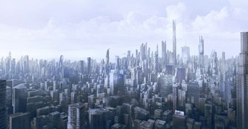 An aerial view of a large city with skyscrapers