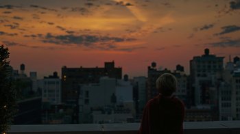 Movie still from “After the Wedding” (2019), directed by Bart Freundlich – A person sitting on a ledge looking out over a city at sunset; Wide shot, Low angle