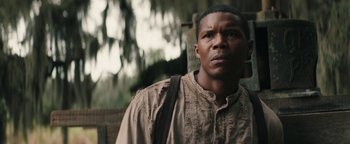 Movie still from “Alice” (2022), directed by Krystin Ver Linden – A man standing in front of a wooden fence; Close Up shot, Low angle