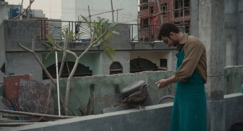 Movie still from “All That Breathes” (2022), directed by Shaunak Sen – A man standing next to a bird on a ledge; Medium shot, Low angle