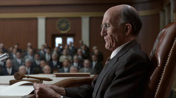 Movie still from “All the Way” (2016), directed by Jay Roach – An older man in a suit and tie in front of an audience; Medium shot, Low angle