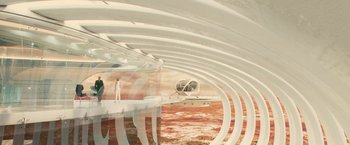 Movie still from “Allegiant” (2016), directed by Robert Schwentke – An image of an airplane that is flying in the sky; Extreme Wide shot, Overhead angle