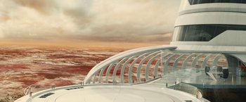 Movie still from “Allegiant” (2016), directed by Robert Schwentke – A view of a large body of water from a boat; Extreme Wide shot, High angle