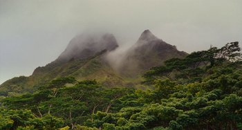Movie still from “Aloha” (2015), directed by Cameron Crowe – A view of a mountain range with trees in the foreground; Extreme Wide shot, High angle