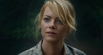 Movie still from “Aloha” (2015), directed by Cameron Crowe – A person wearing a jacket; Close Up shot, Over the shoulder angle