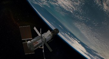 Movie still from “Aloha” (2015), directed by Cameron Crowe – A space station in the middle of the earth's atmosphere; Extreme Wide shot, Overhead angle