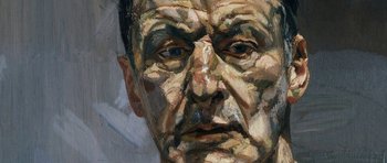 Movie still from “American Animals” (2018), directed by Bart Layton – An oil painting of a man's face with a lot of wrinkles on his face; Extreme Close Up shot, Low angle