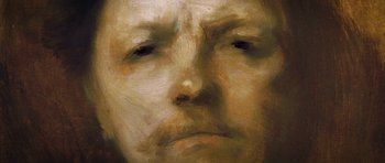 Movie still from “American Animals” (2018), directed by Bart Layton – An oil painting of a man's face with a beard; Extreme Close Up shot, Overhead angle