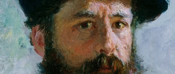 Movie still from “American Animals” (2018), directed by Bart Layton – An oil painting of a man's face with green eyes; Extreme Close Up shot, Overhead angle