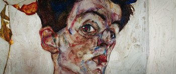 Movie still from “American Animals” (2018), directed by Bart Layton – An abstract painting of a man's face with red , blue , and white colors; Extreme Close Up shot, Overhead angle