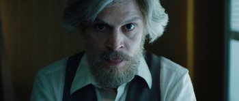 Movie still from “American Animals” (2018), directed by Bart Layton – A person with a white beard; Close Up shot, Low angle