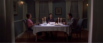 Movie still from “American Beauty” (1999), directed by Sam Mendes – A group of people sitting around a table with candles; Wide shot, High angle