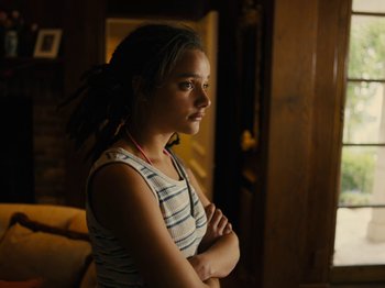 Movie still from “American Honey” (2016), directed by Andrea Arnold – A young girl standing with her arms crossed in front of a window; Close Up shot, High angle