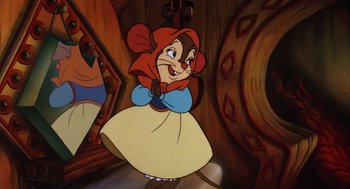 Movie still from “An American Tail” (1986), directed by Don Bluth – A cartoon of a mouse in a red dress; Medium shot, High angle