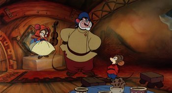 Movie still from “An American Tail” (1986), directed by Don Bluth – A group of people standing next to each other in a room; Wide shot, High angle