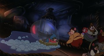 Movie still from “An American Tail” (1986), directed by Don Bluth – A mouse and a mouse in a boat in a room; Wide shot, High angle