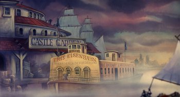 Movie still from “An American Tail” (1986), directed by Don Bluth – A painting of a boat in the middle of a harbor; Extreme Wide shot, Low angle