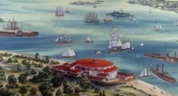 Movie still from “An American Tail” (1986), directed by Don Bluth – An aerial view of many different boats in the water; Extreme Wide shot, High angle