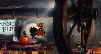 Movie still from “An American Tail” (1986), directed by Don Bluth – An animated scene of a mouse in a red suit; Wide shot, Low angle