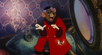 Movie still from “An American Tail” (1986), directed by Don Bluth – A cartoon of a mouse wearing a red coat and a hat; Medium shot, High angle