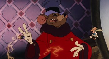 Movie still from “An American Tail” (1986), directed by Don Bluth – A cartoon of a rat wearing a top hat and coat; Medium shot, Low angle