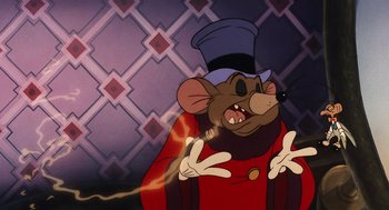 Movie still from “An American Tail” (1986), directed by Don Bluth – A mouse wearing a top hat and a red coat; Medium shot, Low angle