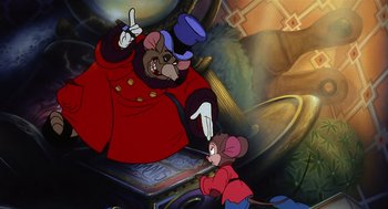 Movie still from “An American Tail” (1986), directed by Don Bluth – A cartoon of a mouse and a man in a red coat; Medium shot, Low angle