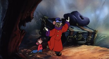 Movie still from “An American Tail” (1986), directed by Don Bluth – A painting of a mouse and a rat; Wide shot, High angle