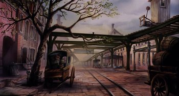 Movie still from “An American Tail” (1986), directed by Don Bluth – An oil painting of an old train station; Extreme Wide shot, Low angle