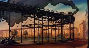 Movie still from “An American Tail” (1986), directed by Don Bluth – An oil painting of an industrial setting at sunset; Extreme Wide shot, Low angle