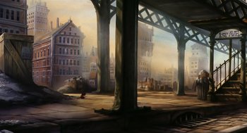 Movie still from “An American Tail” (1986), directed by Don Bluth – An oil painting of an empty city street; Extreme Wide shot, Low angle