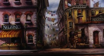 Movie still from “An American Tail” (1986), directed by Don Bluth – A painting of an alley way with a cart and a wagon in it; Extreme Wide shot, Low angle