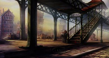 Movie still from “An American Tail” (1986), directed by Don Bluth – An oil painting of a train station with people standing on the platform; Wide shot, Low angle